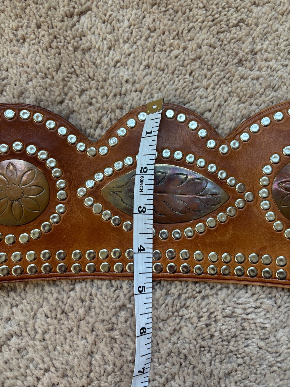 Vintage Wide Tooled Leather Scalloped Belt Oversized Buckle Boho Western Waist - Picture 16 of 16